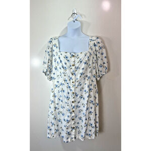 Old Navy Women’s Linen Blend Dress Size 2X White Blue Floral Cottagecore Beachy